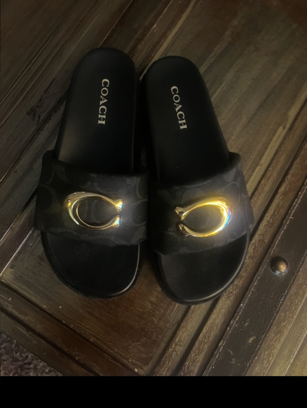 Coach Black Slides with Gold 'C' Accent